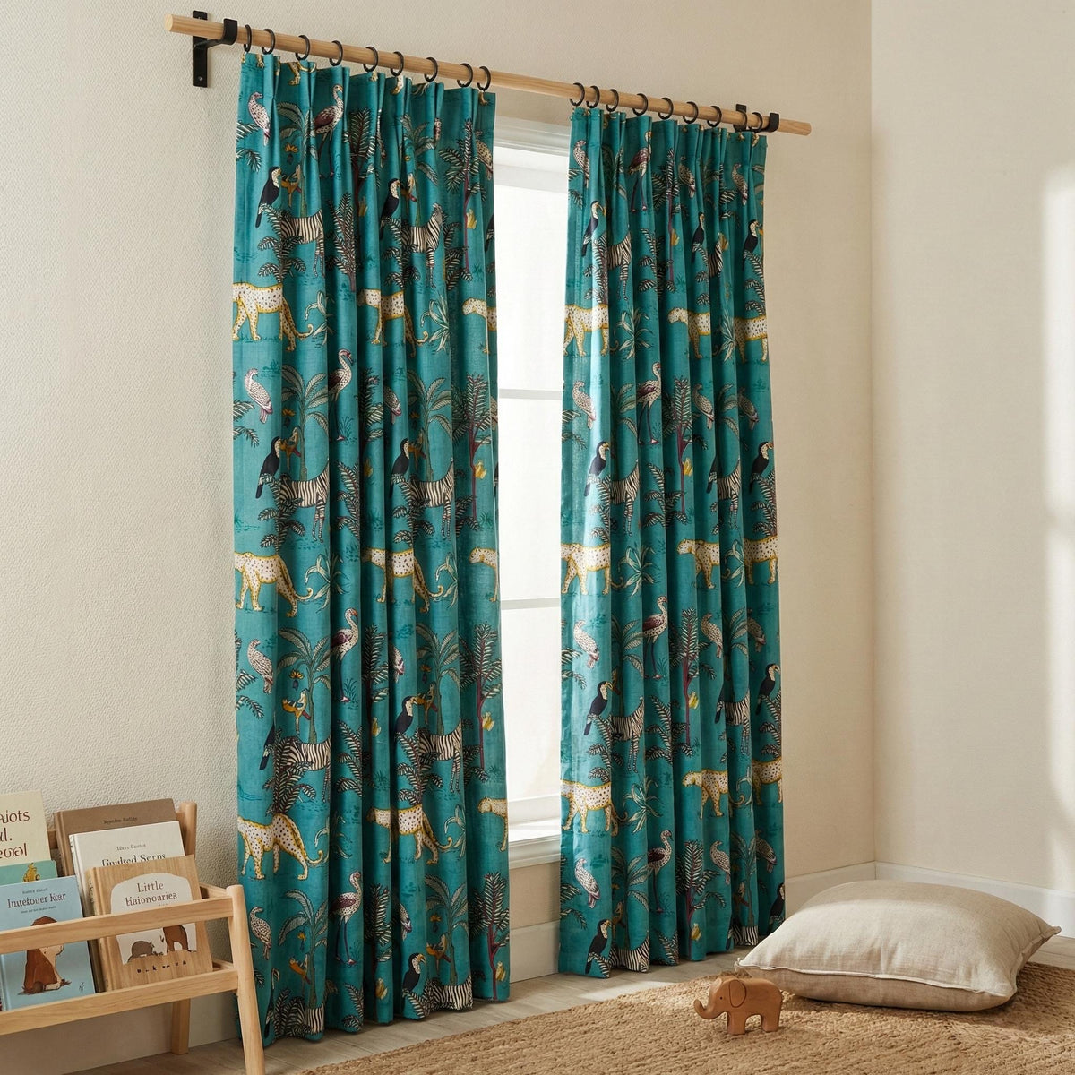 Teal Jungle Safari Curtains, Organic Cotton Block Print, Nursery Kids Room — image 7