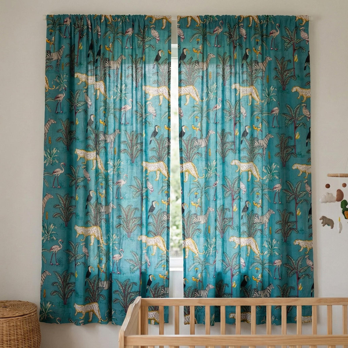 Teal Jungle Safari Curtains, Organic Cotton Block Print, Nursery Kids Room — image 8