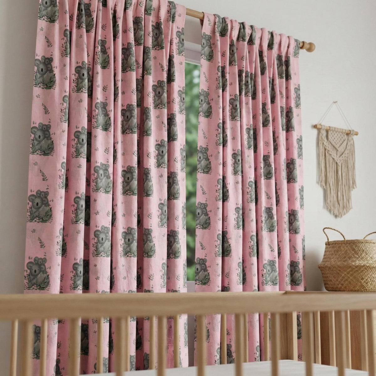 Blush Pink Koala Nursery Curtains, Organic Cotton Block Print — image 5