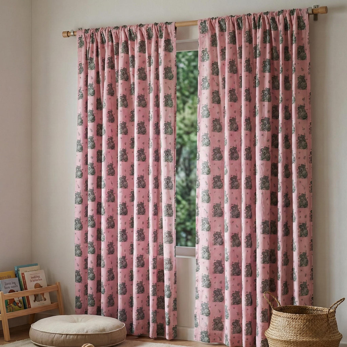 Blush Pink Koala Nursery Curtains, Organic Cotton Block Print — image 7