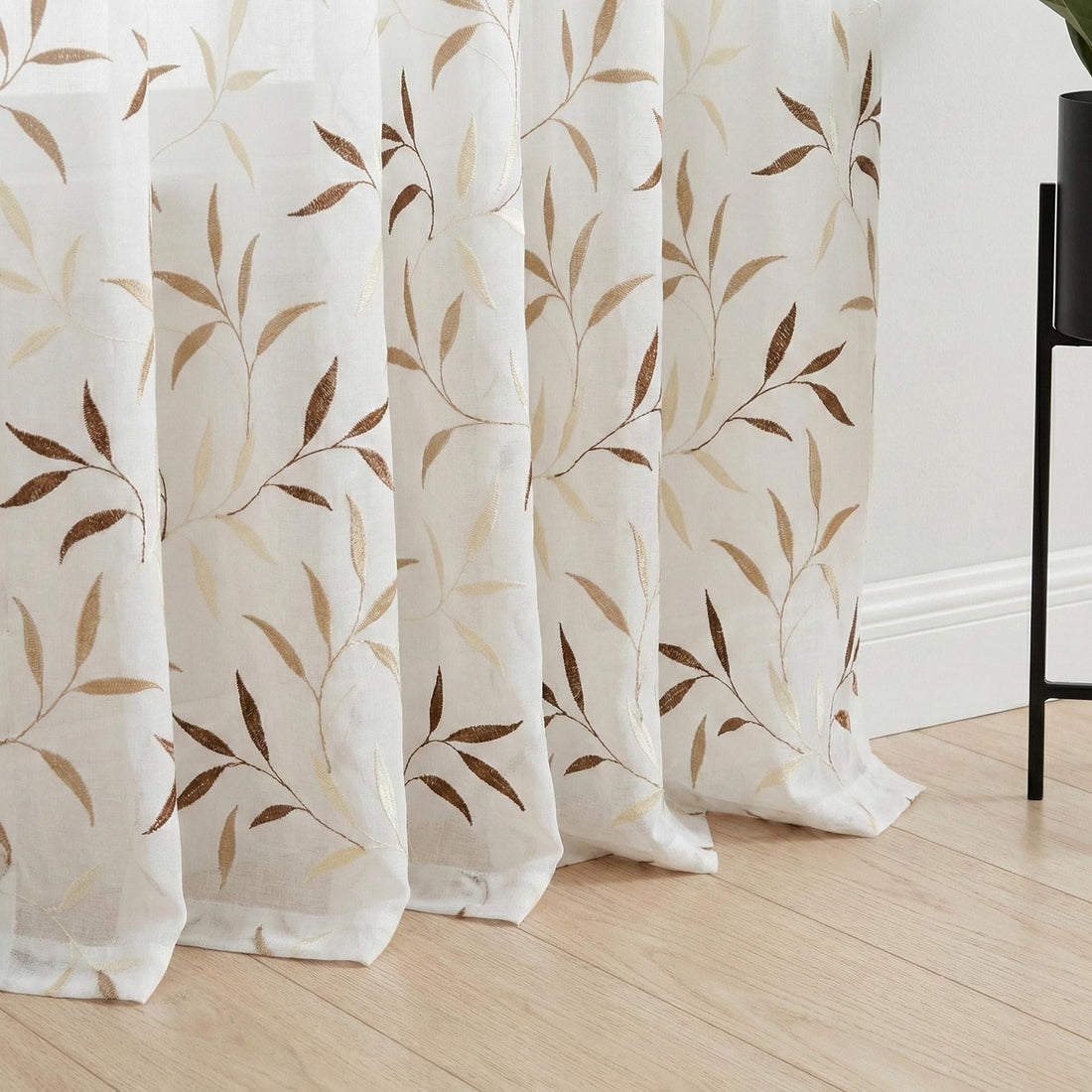 White Linen Sheer Curtains, Embroidered Leaf Vine, Light Filtering Drapes, Custom Size — image 1