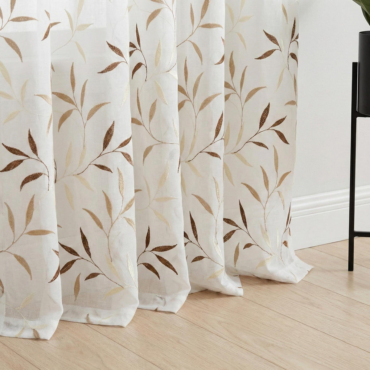 White Linen Sheer Curtains, Embroidered Leaf Vine, Light Filtering Drapes, Custom Size — image 1