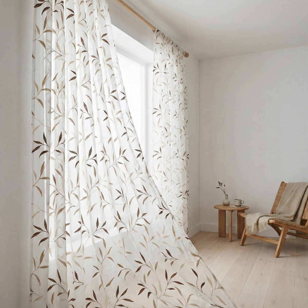 White Linen Sheer Curtains, Embroidered Leaf Vine, Light Filtering Drapes, Custom Size — image 3