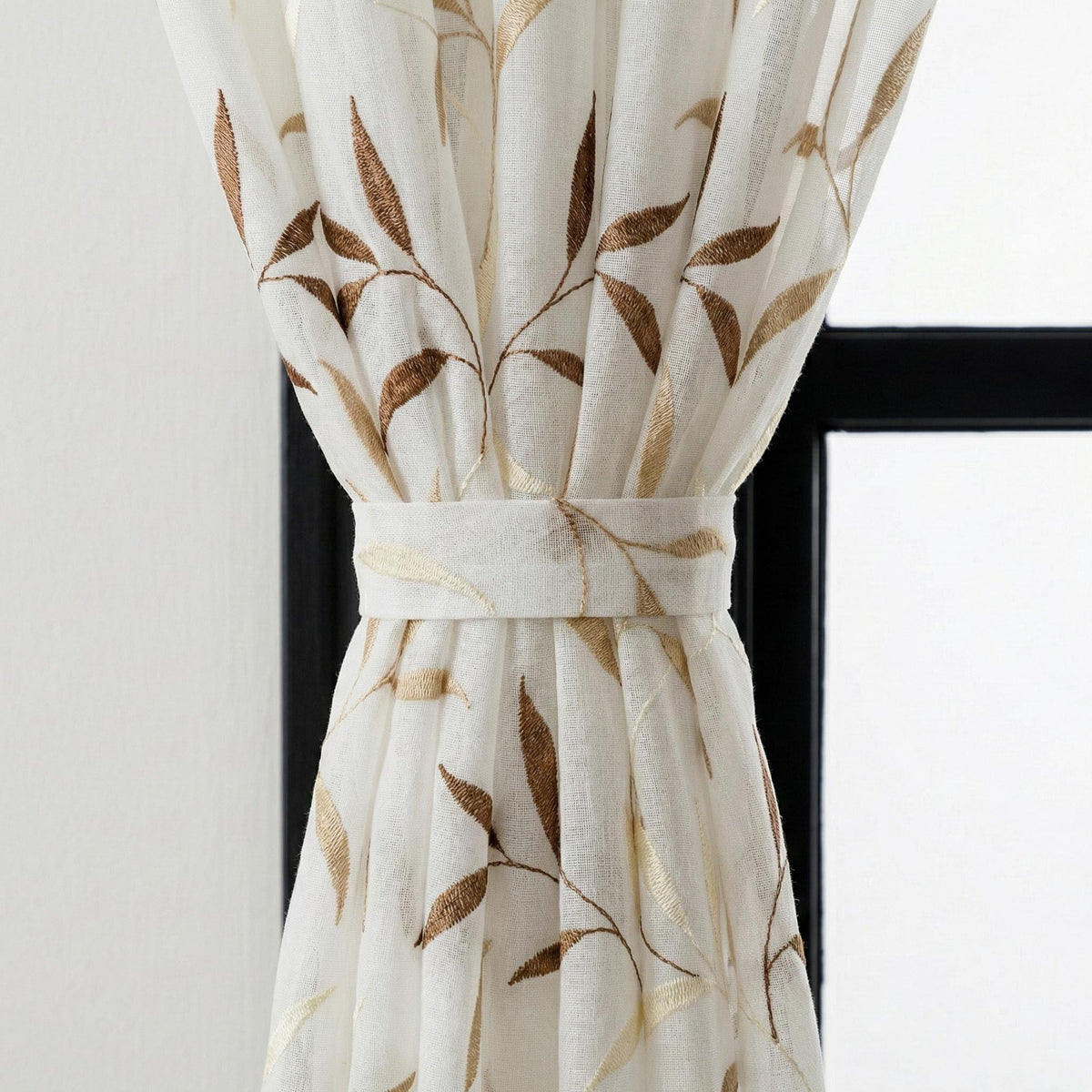 White Linen Sheer Curtains, Embroidered Leaf Vine, Light Filtering Drapes, Custom Size — image 5
