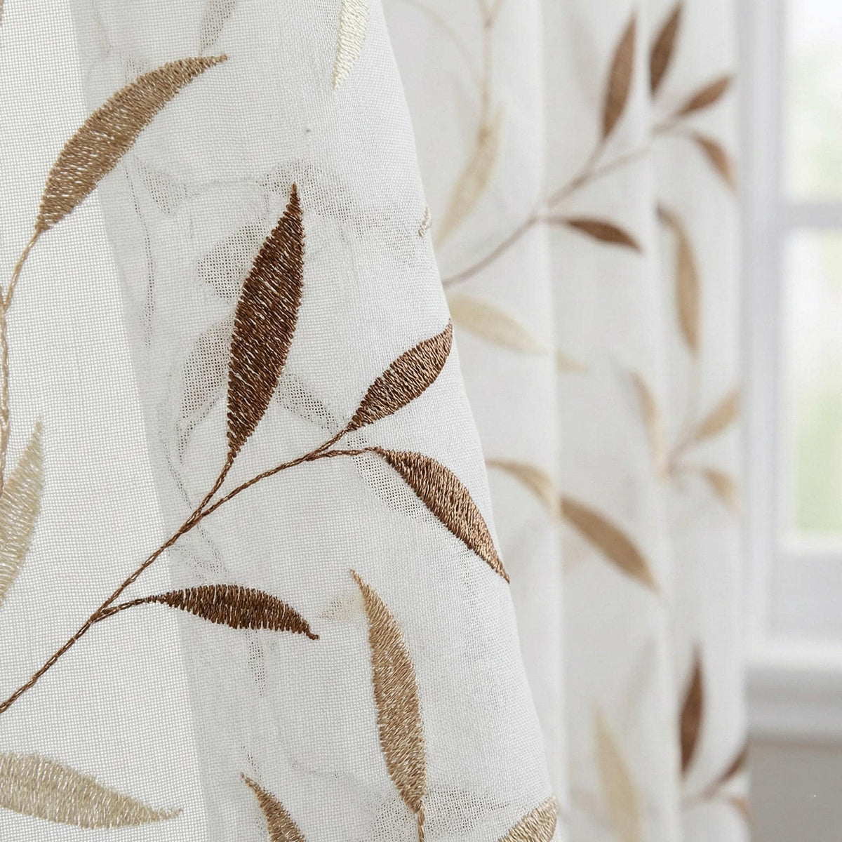 White Linen Sheer Curtains, Embroidered Leaf Vine, Light Filtering Drapes, Custom Size — image 6