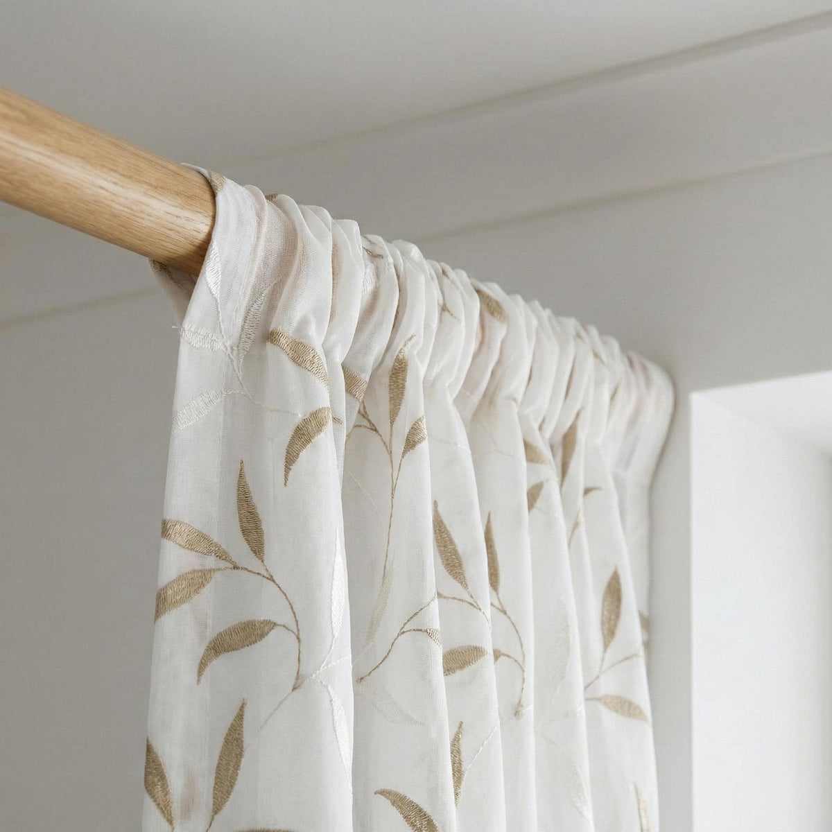 White Sheer Linen Curtain, Taupe Ivory Leaf Embroidery, Light Filtering — image 9
