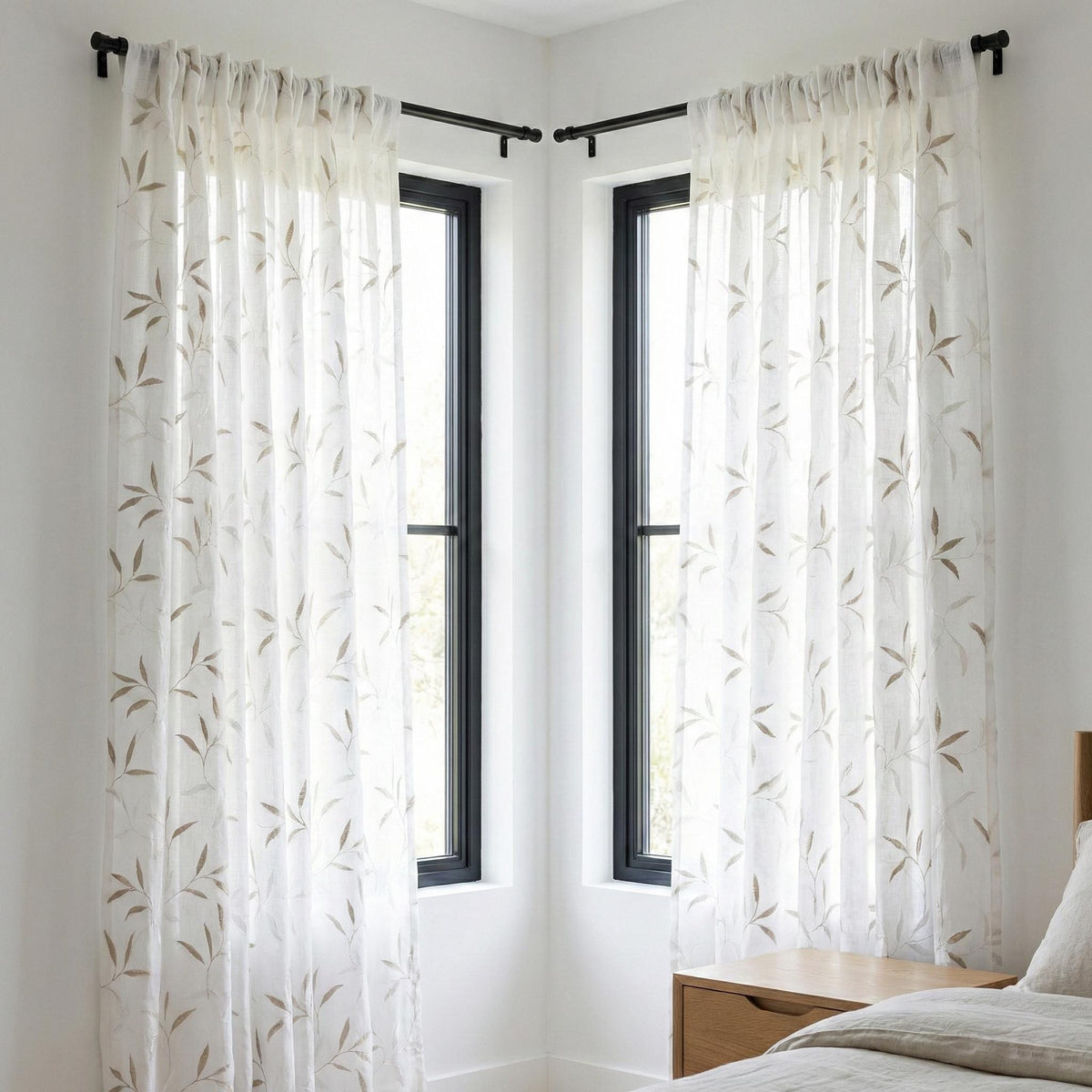 White Sheer Linen Curtain, Taupe Ivory Leaf Embroidery, Light Filtering — image 8