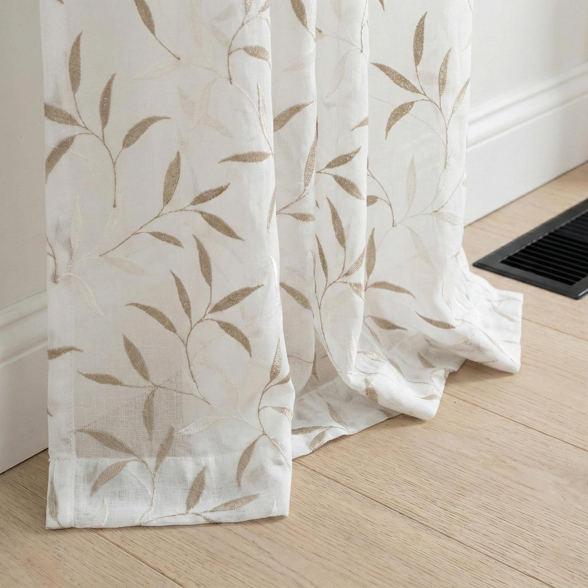 White Sheer Linen Curtain, Taupe Ivory Leaf Embroidery, Light Filtering — image 5