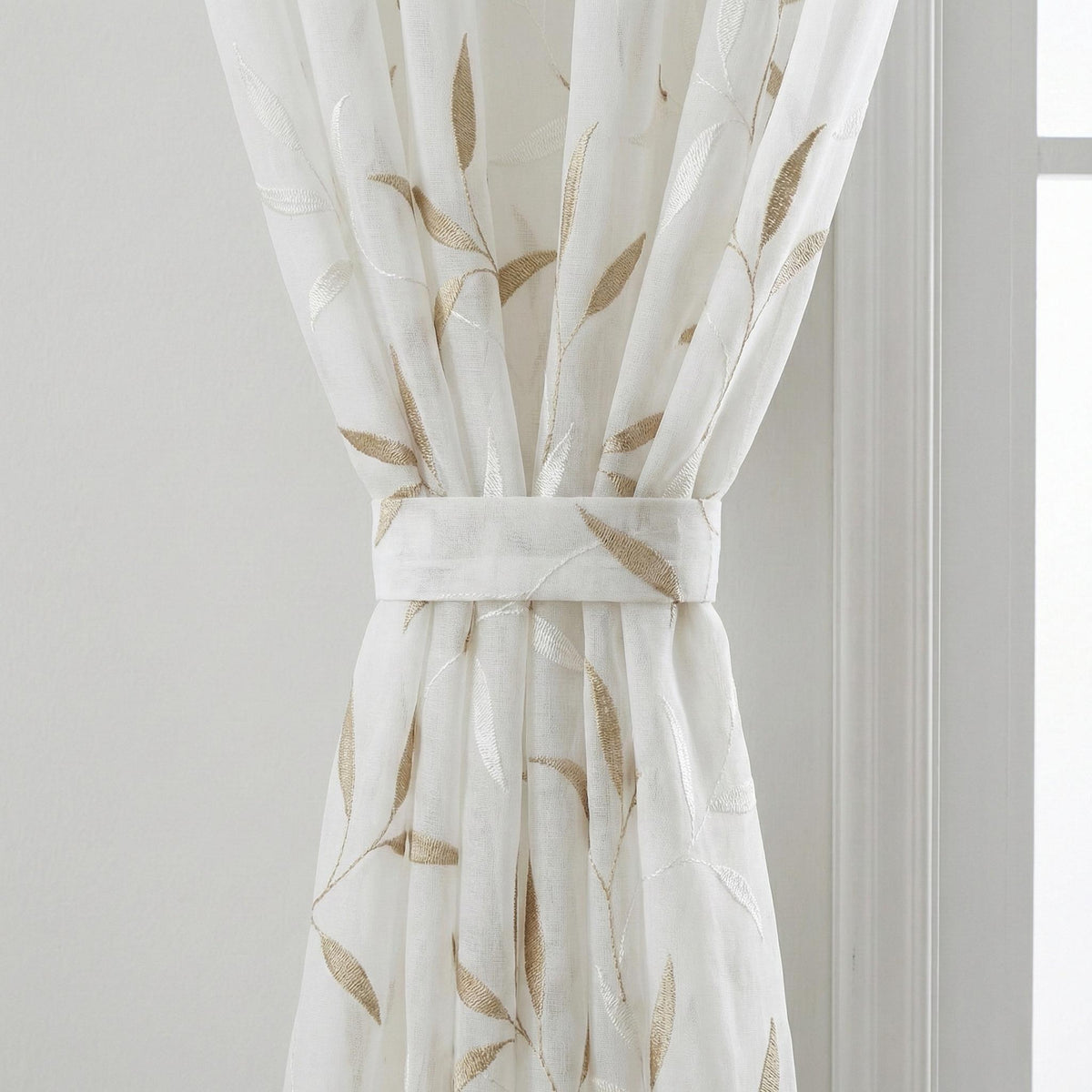 White Sheer Linen Curtain, Taupe Ivory Leaf Embroidery, Light Filtering — image 4