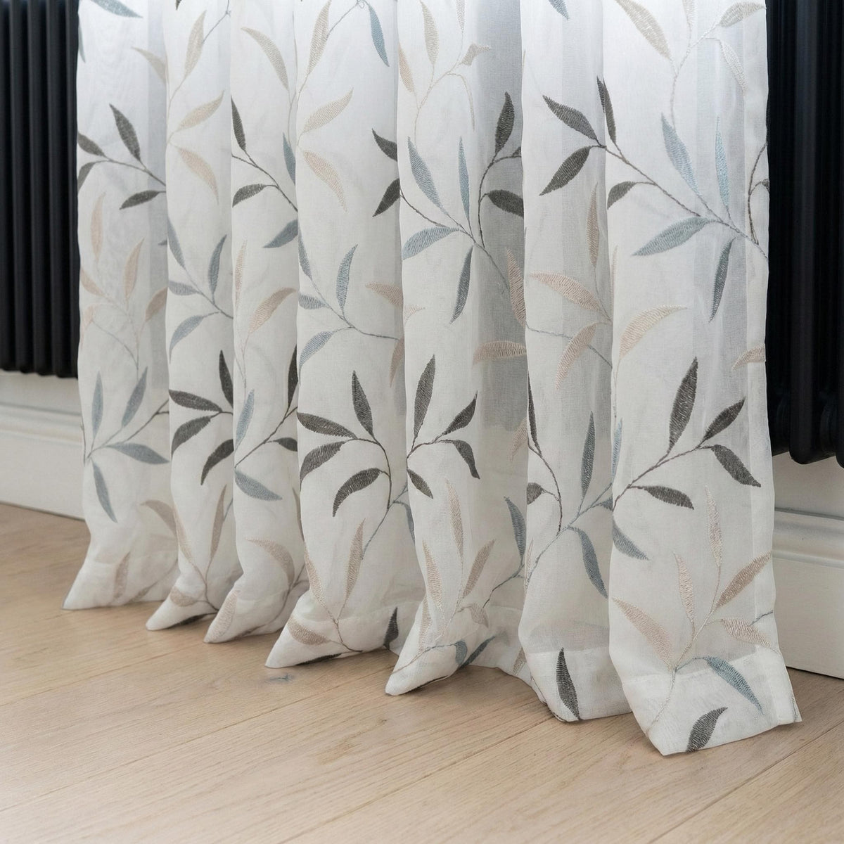 White Linen Sheer Curtains, Blue Gray Leaf Embroidery, Light Filtering — image 2