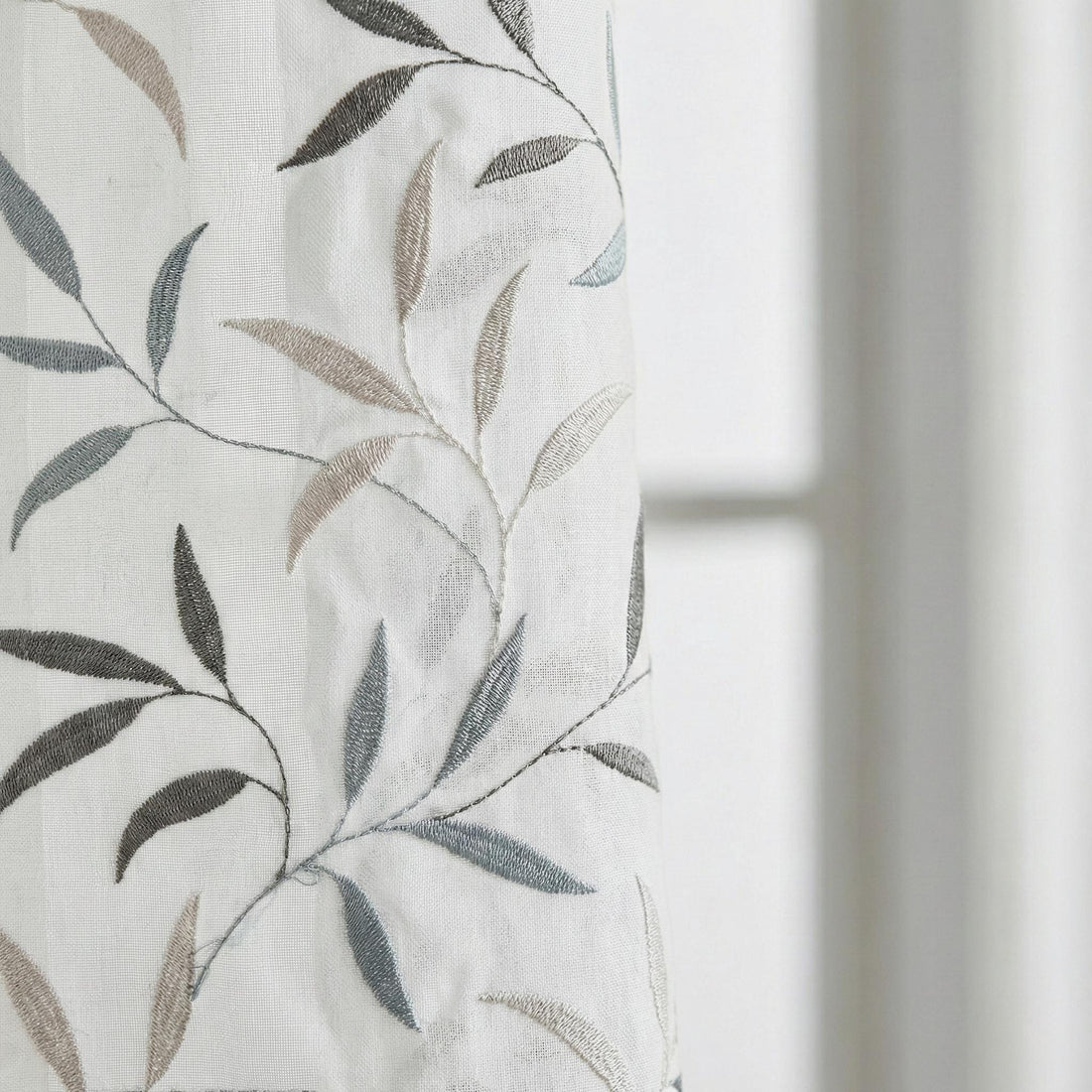 White Linen Sheer Curtains, Blue Gray Leaf Embroidery, Light Filtering — image 1