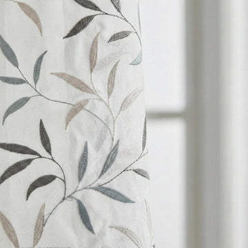 White Linen Sheer Curtains, Blue Gray Leaf Embroidery, Light Filtering — image 1