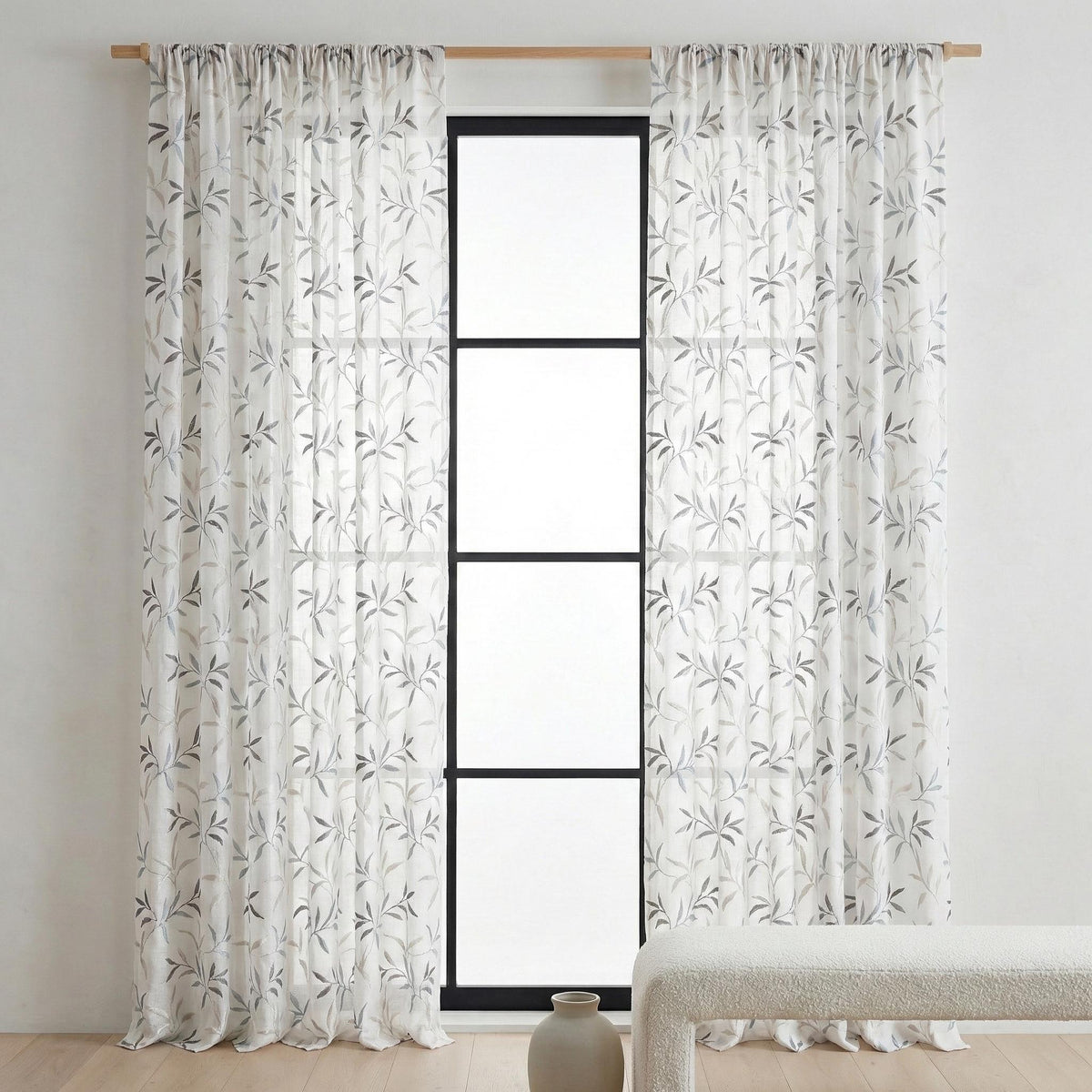 White Linen Sheer Curtains, Blue Gray Leaf Embroidery, Light Filtering — image 8