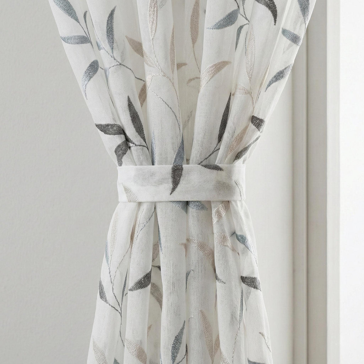 White Linen Sheer Curtains, Blue Gray Leaf Embroidery, Light Filtering — image 3