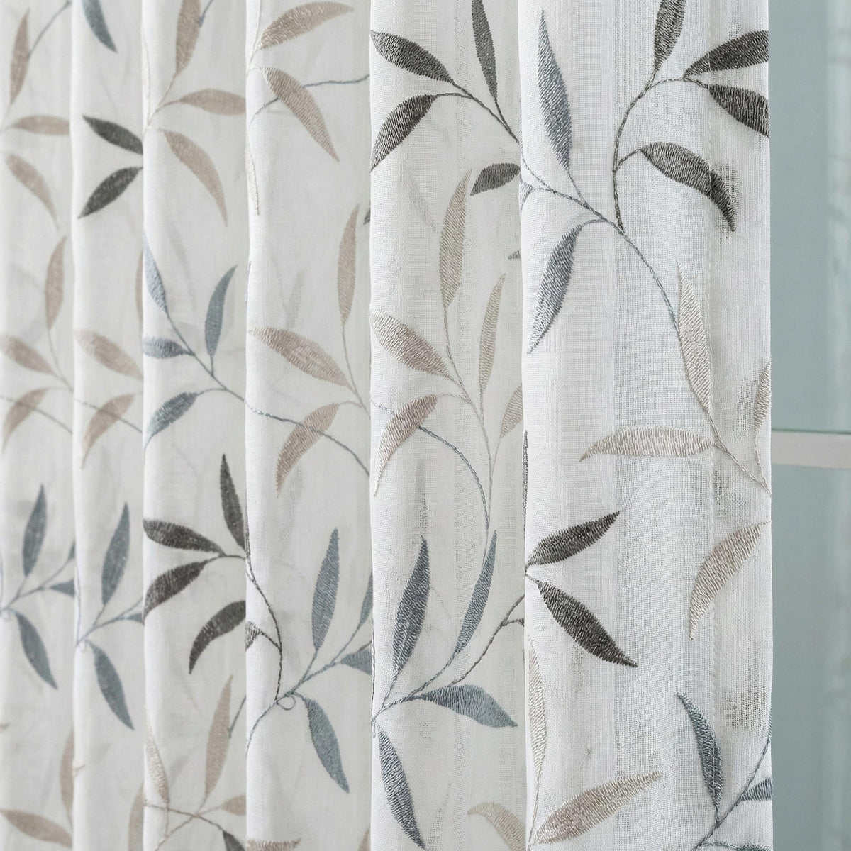 White Linen Sheer Curtains, Blue Gray Leaf Embroidery, Light Filtering — image 4