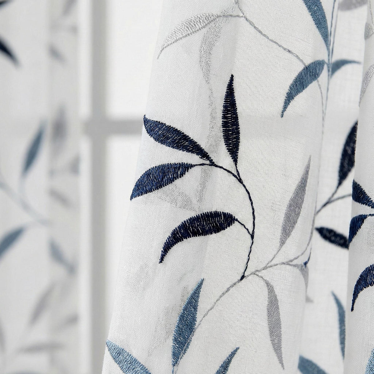 White Linen Sheer Curtains, Navy & Sky Blue Leaf Embroidery, Light Filtering — image 3