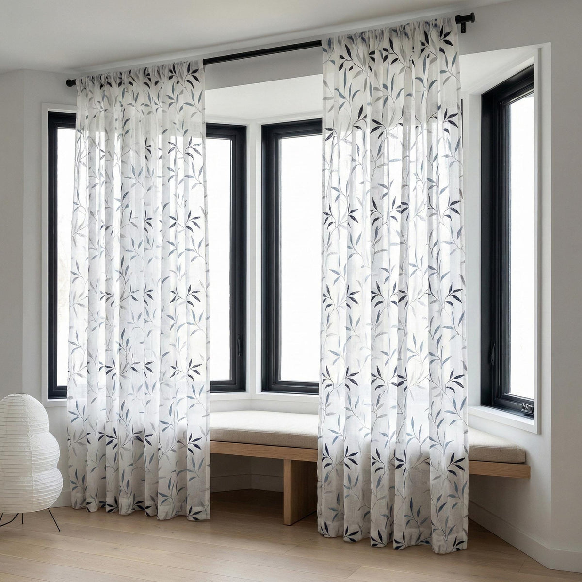 White Linen Sheer Curtains, Navy & Sky Blue Leaf Embroidery, Light Filtering — image 8
