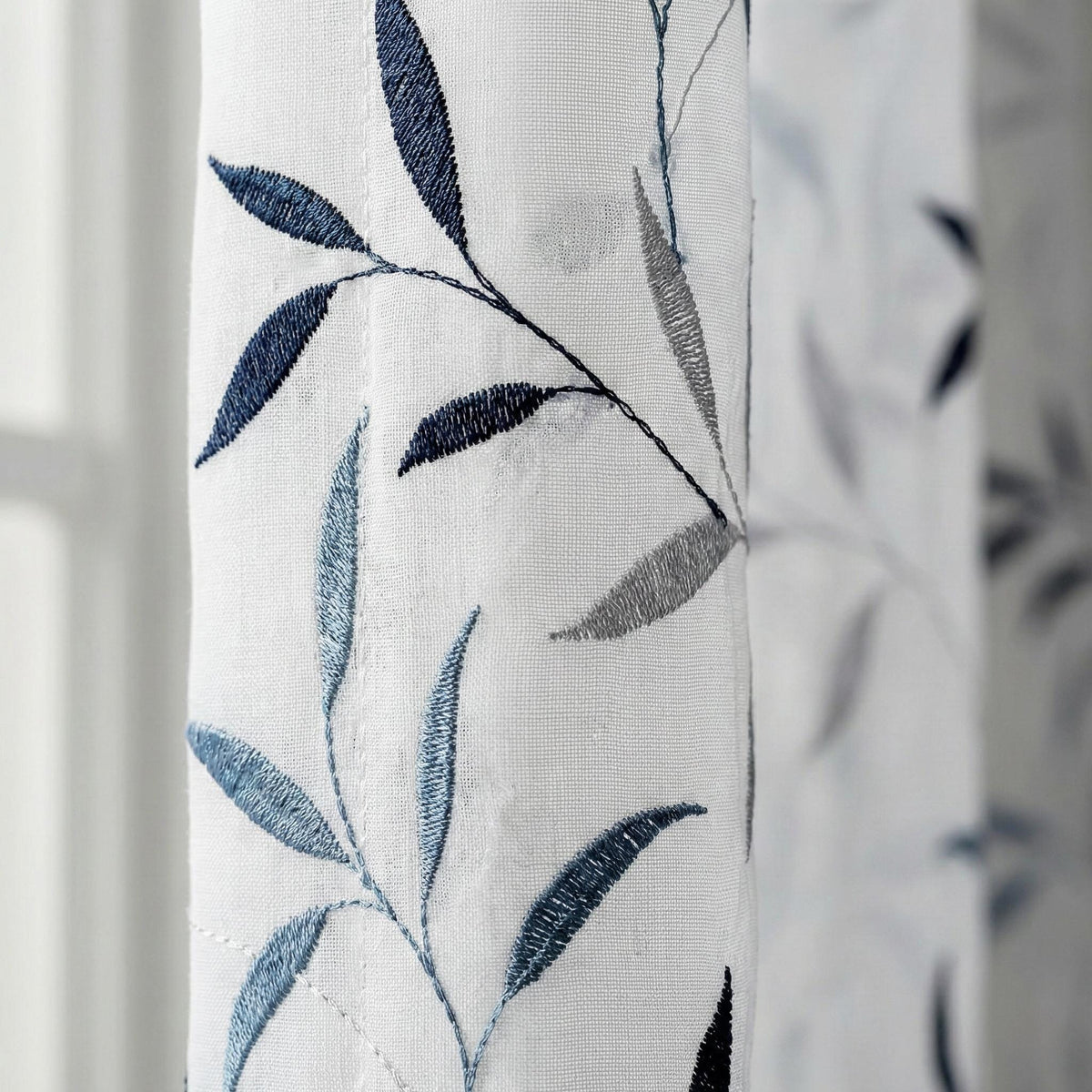 White Linen Sheer Curtains, Navy & Sky Blue Leaf Embroidery, Light Filtering — image 5