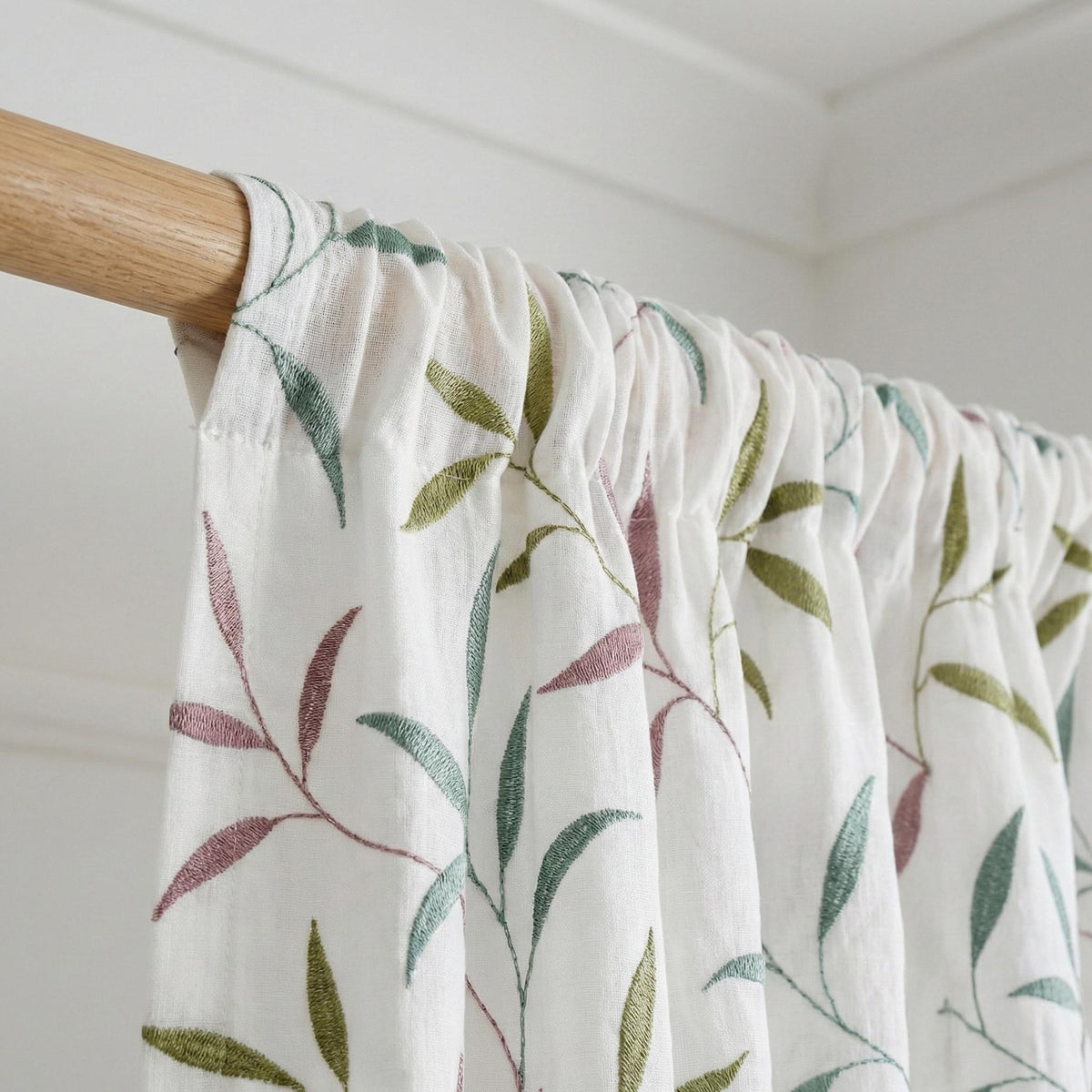 White Linen Sheer Curtains, Sage Green Mauve Leaf Embroidery, Light Filtering — image 9