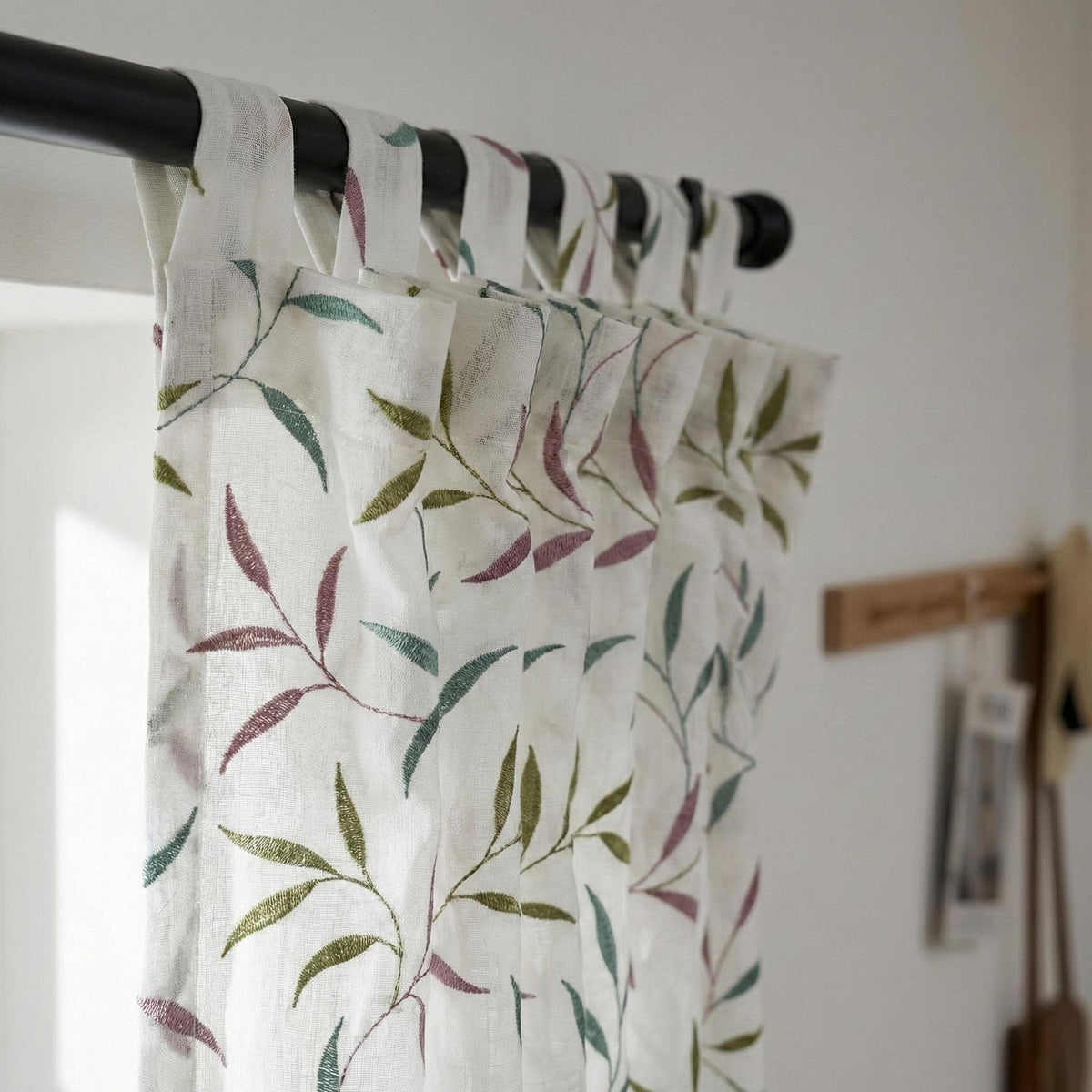 White Linen Sheer Curtains, Sage Green Mauve Leaf Embroidery, Light Filtering — image 5
