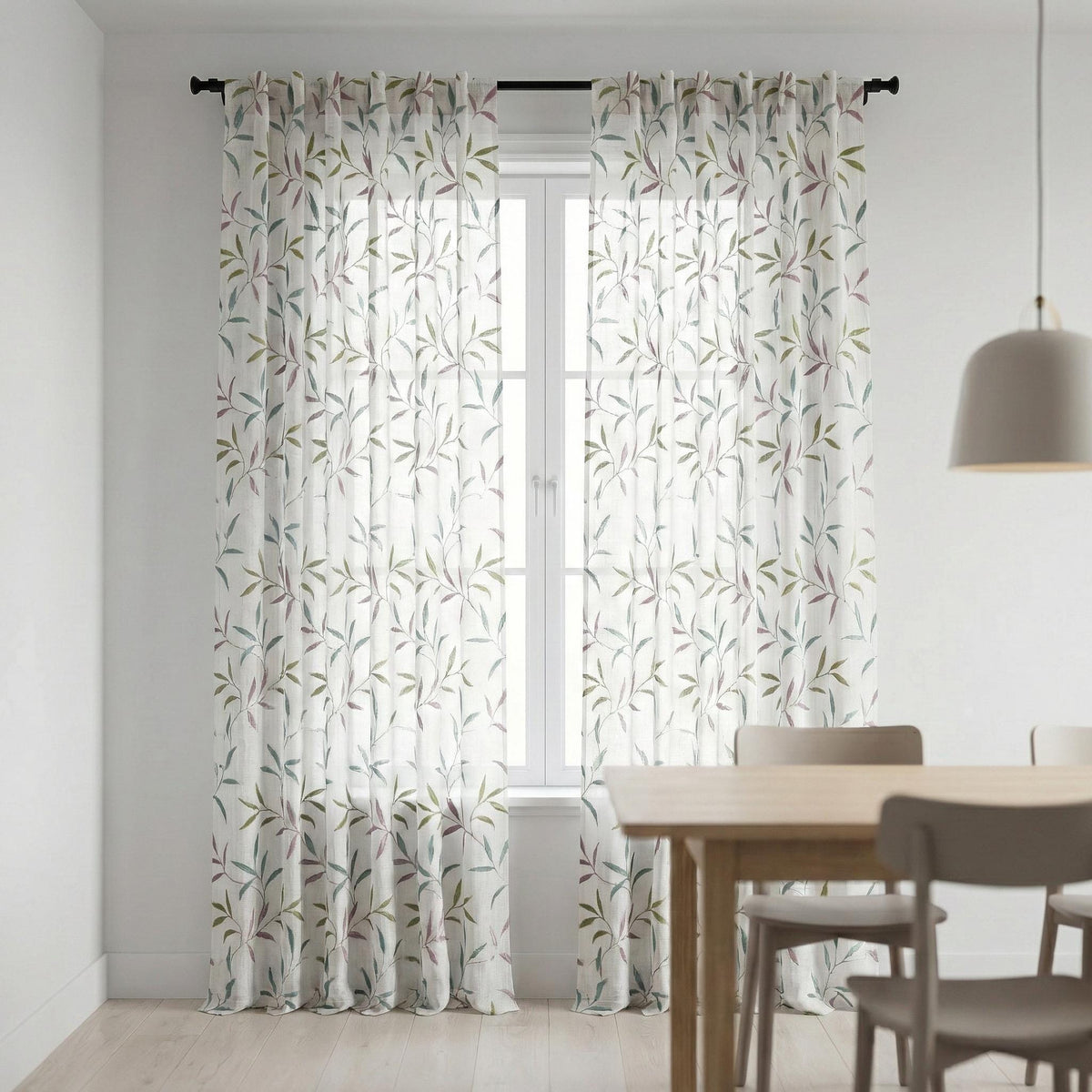 White Linen Sheer Curtains, Sage Green Mauve Leaf Embroidery, Light Filtering — image 8