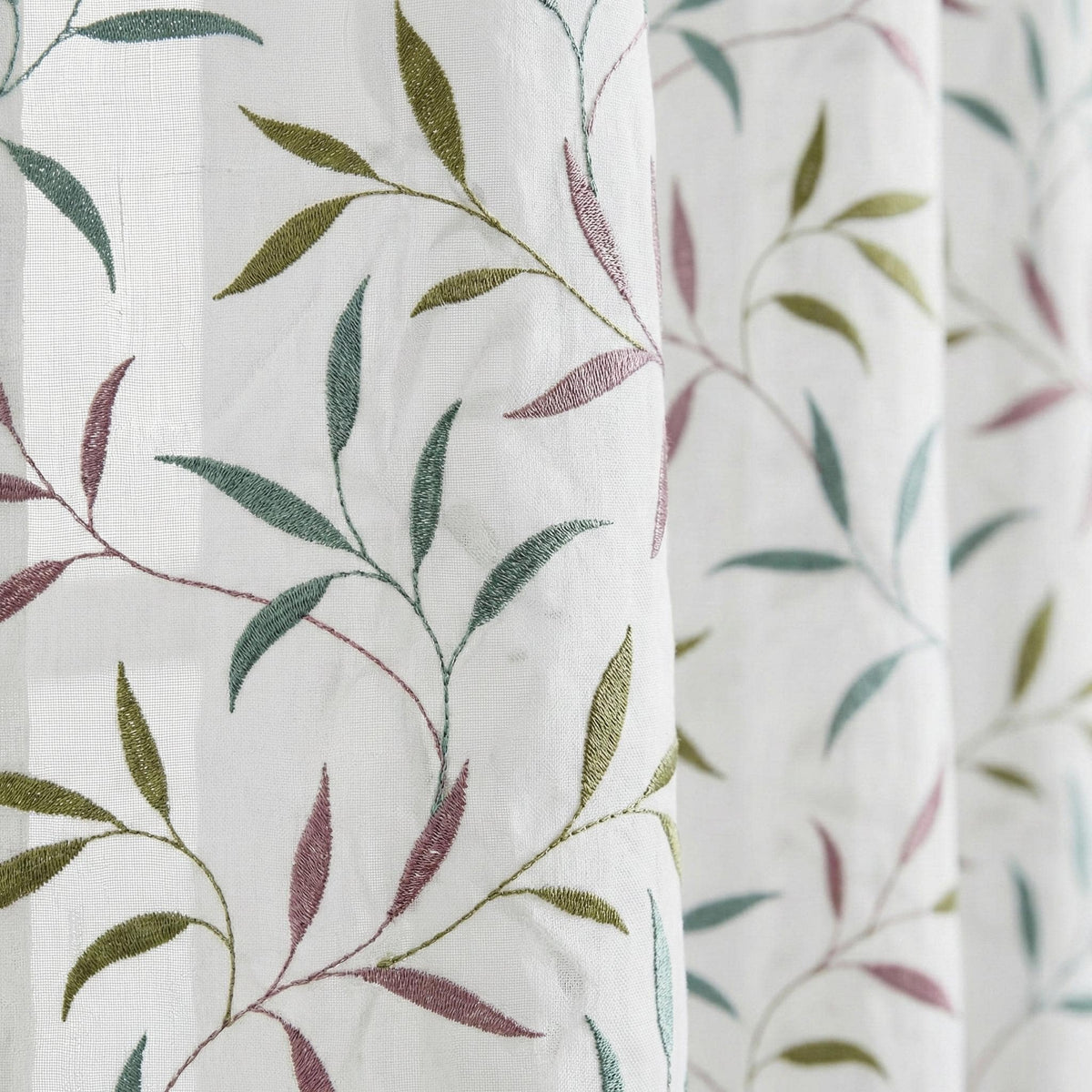 White Linen Sheer Curtains, Sage Green Mauve Leaf Embroidery, Light Filtering — image 4