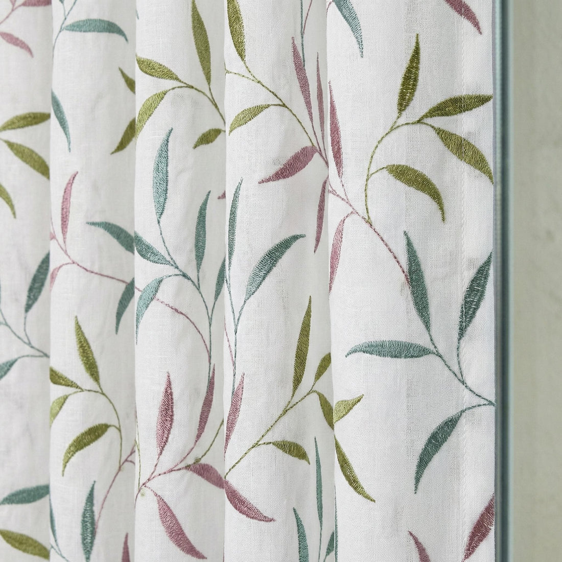 White Linen Sheer Curtains, Sage Green Mauve Leaf Embroidery, Light Filtering — image 1