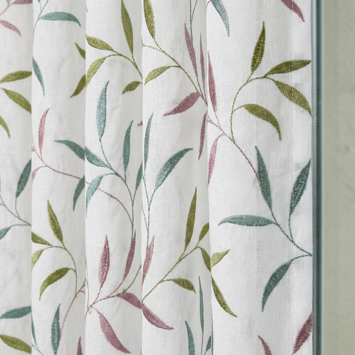 White Linen Sheer Curtains, Sage Green Mauve Leaf Embroidery, Light Filtering — image 1