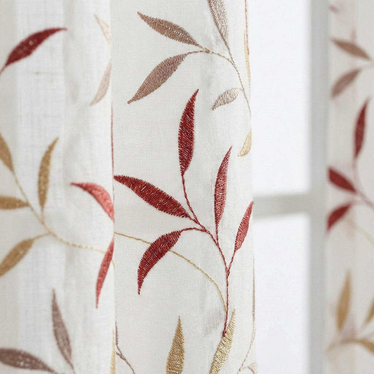 White Linen Sheer Curtains, Terracotta Leaf Embroidery, Light Filtering Drapes — image 6