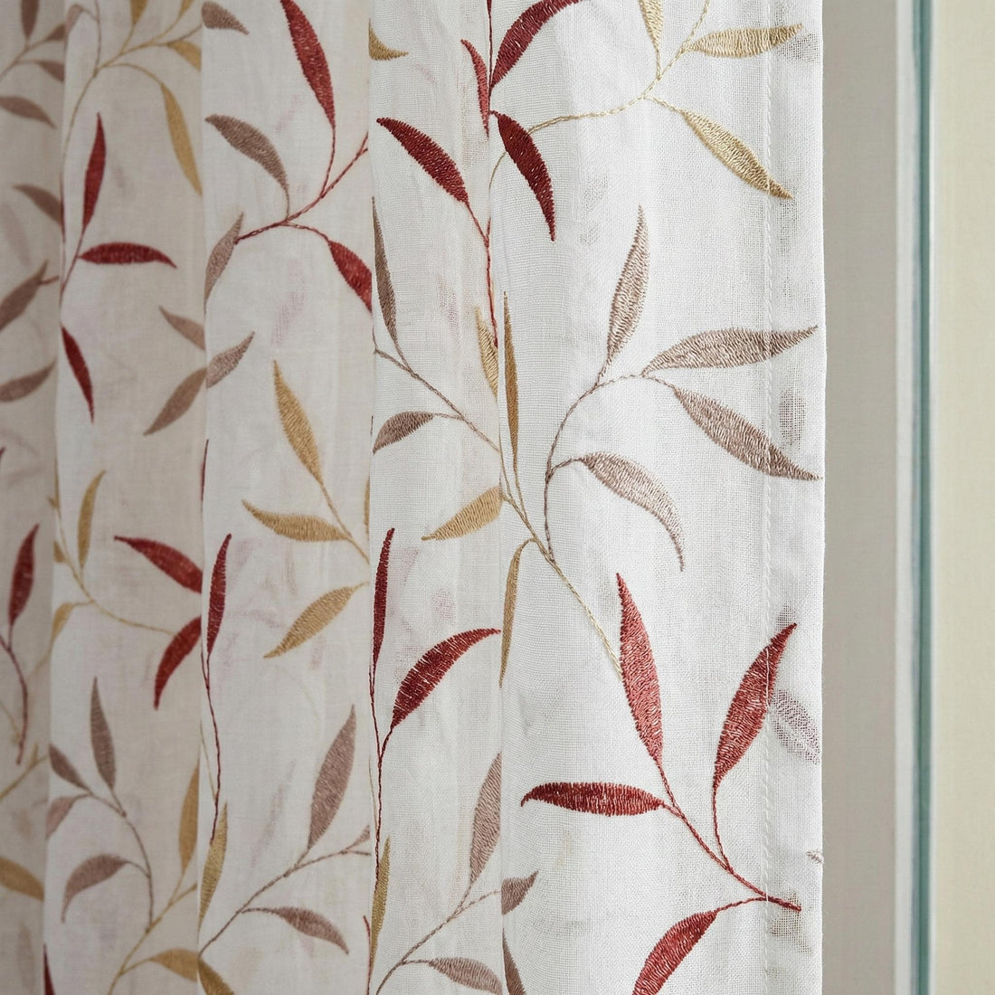 White Linen Sheer Curtains, Terracotta Leaf Embroidery, Light Filtering Drapes — image 1