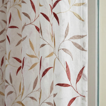 White Linen Sheer Curtains, Terracotta Leaf Embroidery, Light Filtering Drapes — image 1