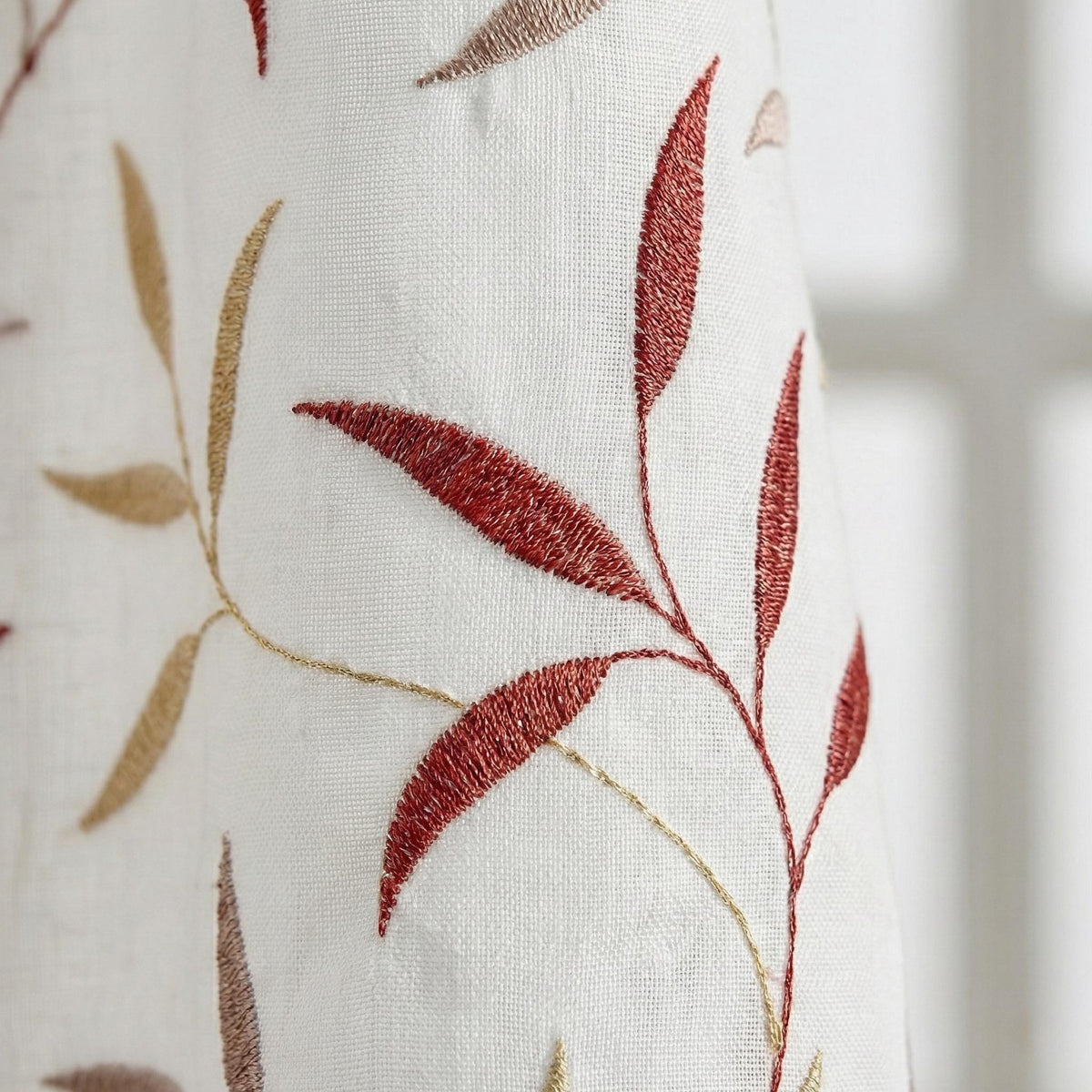 White Linen Sheer Curtains, Terracotta Leaf Embroidery, Light Filtering Drapes — image 9