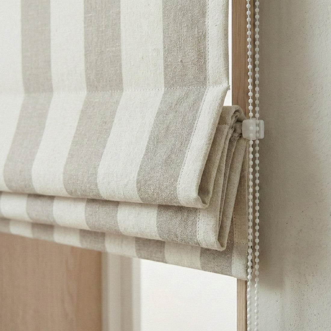 Organic Hemp Stripe Roman Shade, Taupe Beige Ivory Corded Blind — image 1