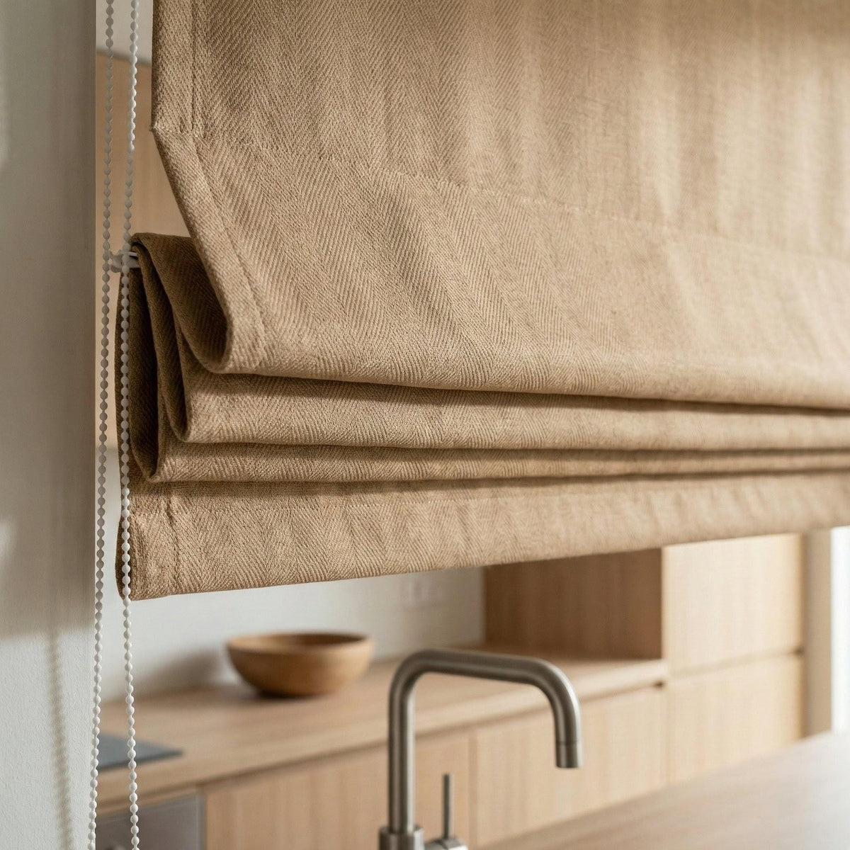 Linen Roman Shade, Beige Herringbone, Custom Corded Blind, OEKO-TEX — image 4