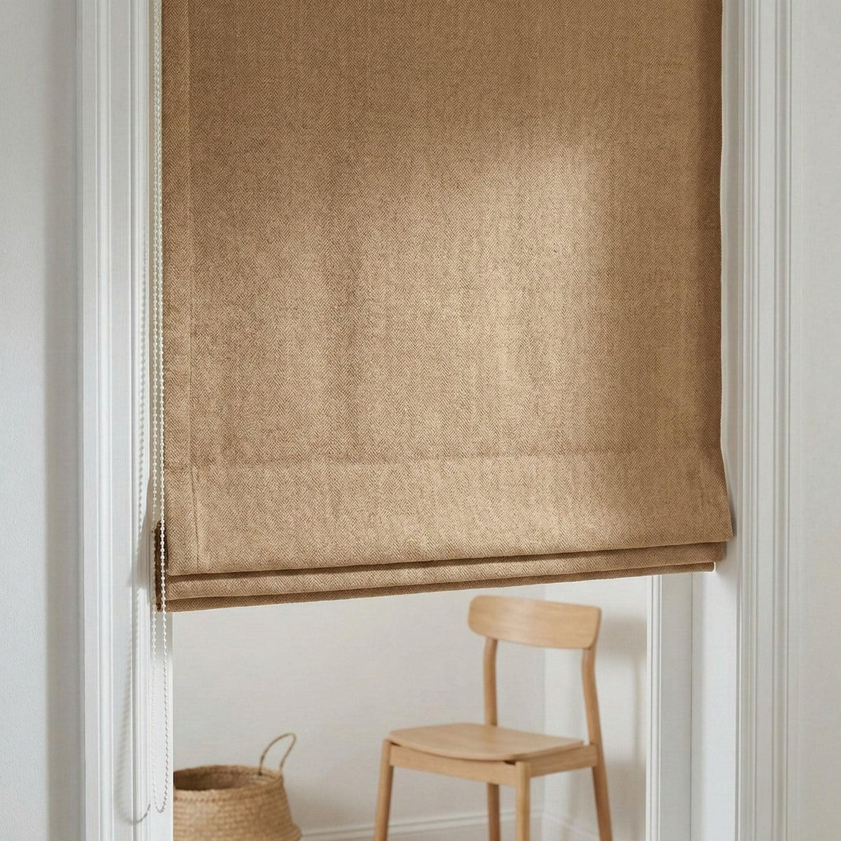 Linen Roman Shade, Beige Herringbone, Custom Corded Blind, OEKO-TEX — image 1