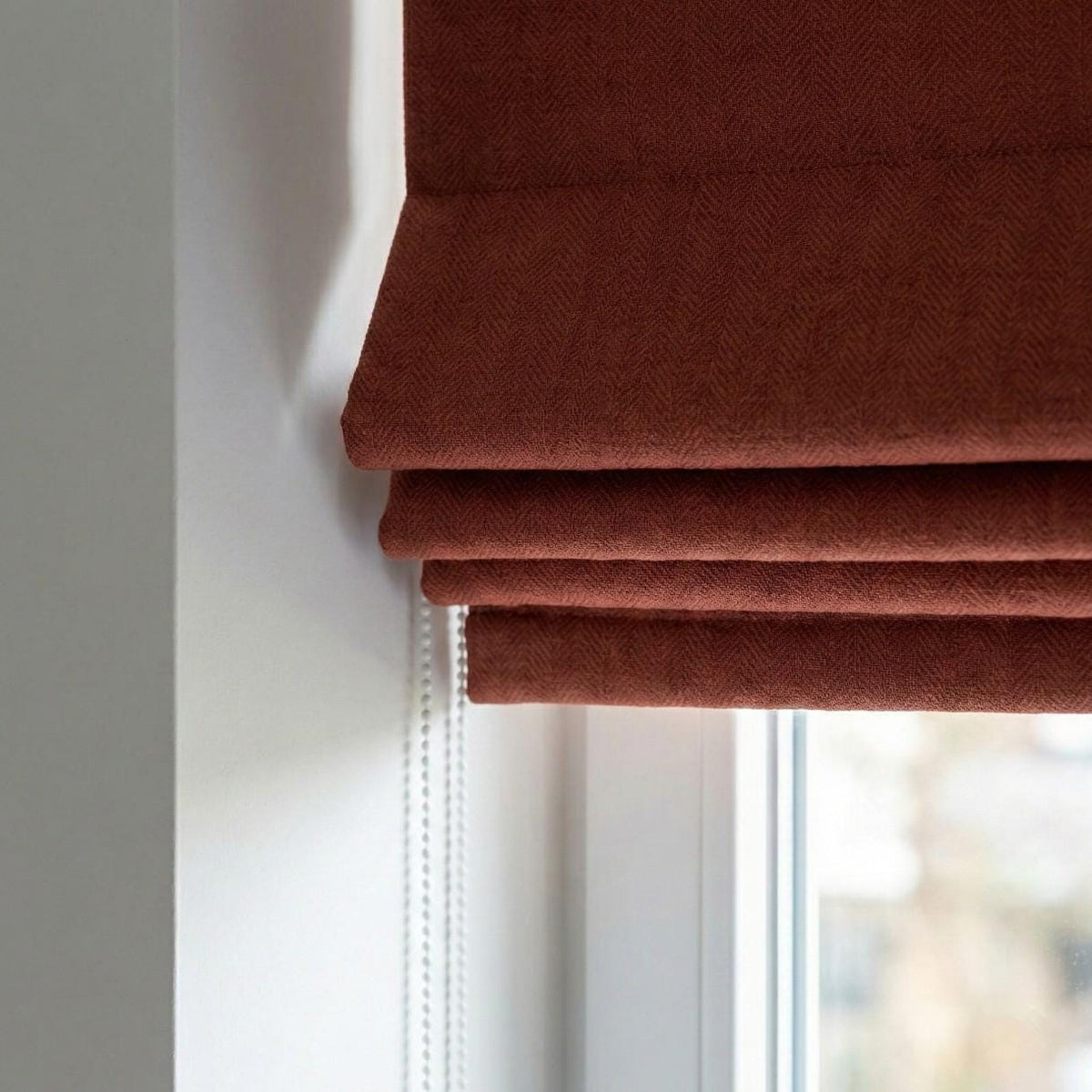 Brick Red Herringbone Linen Roman Shade, Custom Corded Window Blind — image 3
