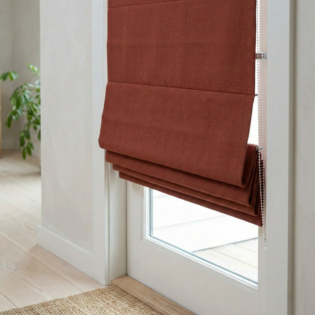 Brick Red Herringbone Linen Roman Shade, Custom Corded Window Blind — image 1