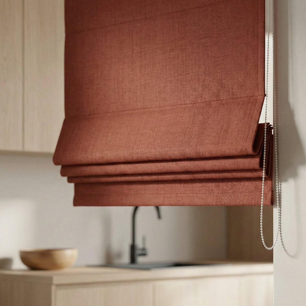 Brick Red Herringbone Linen Roman Shade, Custom Corded Window Blind — image 7