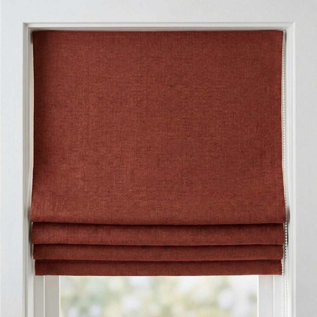 Brick Red Herringbone Linen Roman Shade, Custom Corded Window Blind — image 1