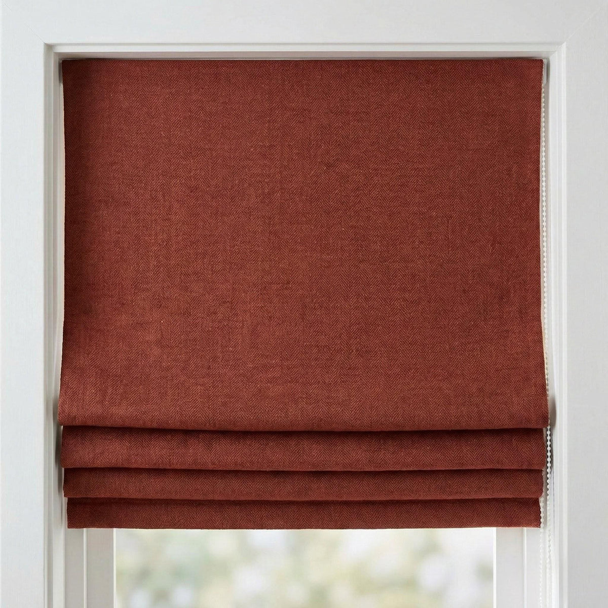 Brick Red Herringbone Linen Roman Shade, Custom Corded Window Blind — image 1