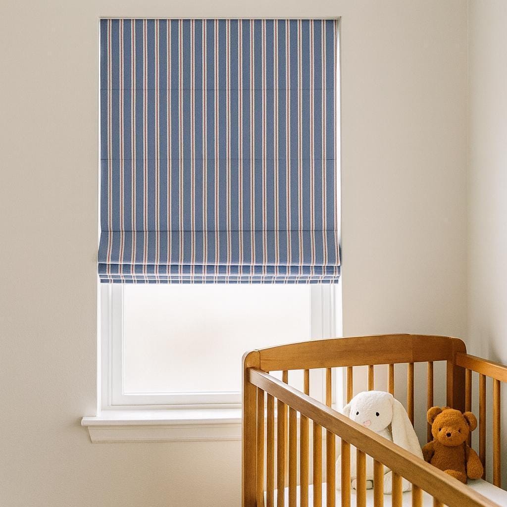 Roman Shade for Kids: Slate Blue Stripes - Organic Cotton — image 1