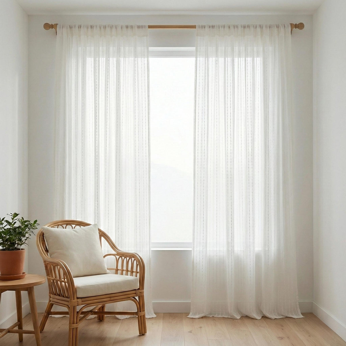White Linen Sheer Curtains, Embroidered Vertical Stripe, Custom Size — image 8