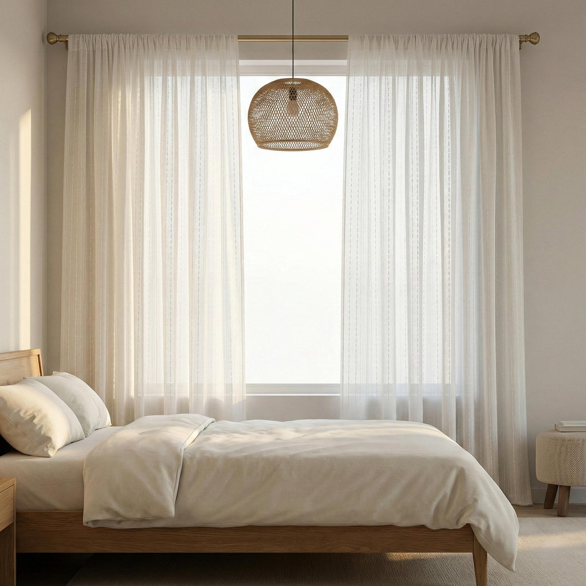 White Linen Sheer Curtains, Embroidered Vertical Stripe, Custom Size — image 9
