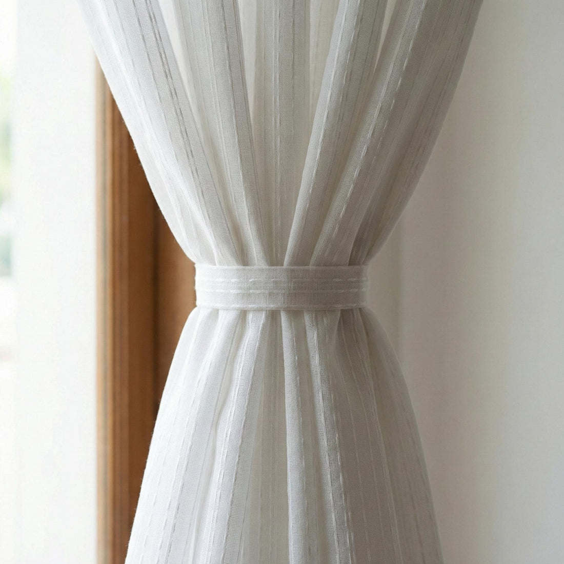 White Linen Sheer Curtains, Embroidered Vertical Stripe, Custom Size — image 1