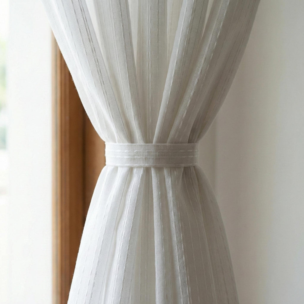 White Linen Sheer Curtains, Embroidered Vertical Stripe, Custom Size — image 2