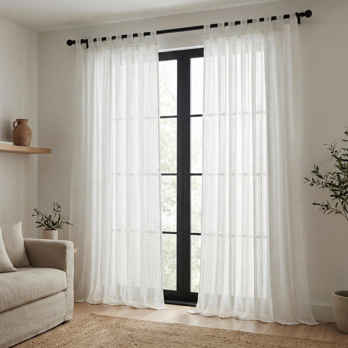 White Linen Sheer Curtains, Embroidered Vertical Stripe, Custom Size — image 4