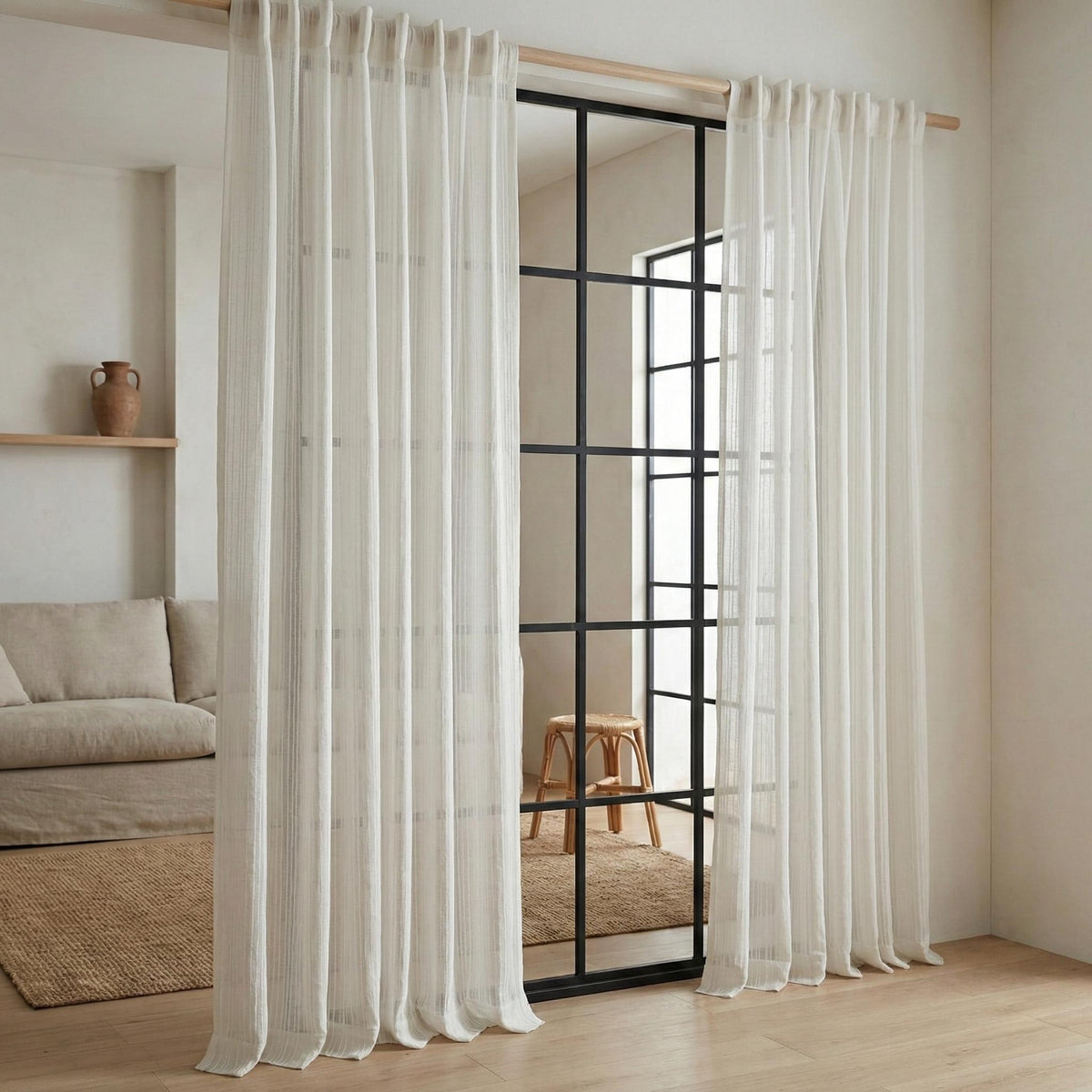 White Linen Sheer Curtains, Embroidered Stripe, Custom Size — image 4