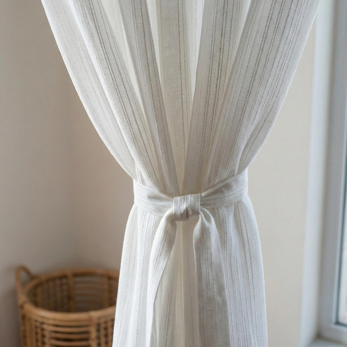White Linen Sheer Curtains, Embroidered Stripe, Custom Size — image 6
