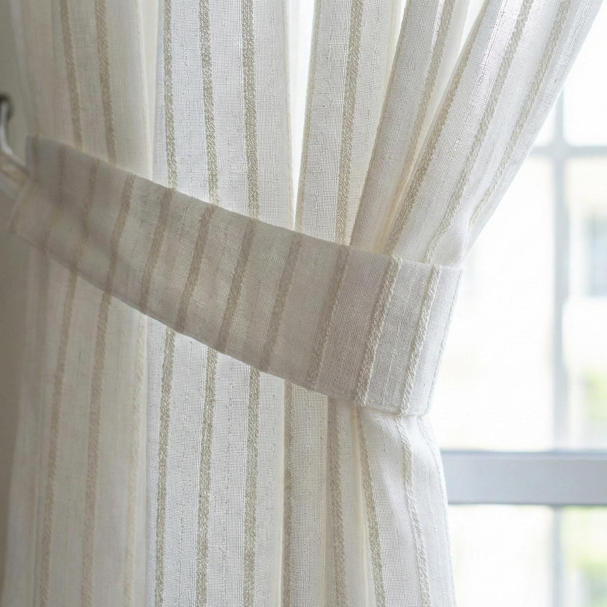 Embroidered Linen Sheer Curtain, Ivory White, Vertical Stripe, Custom Size — image 7