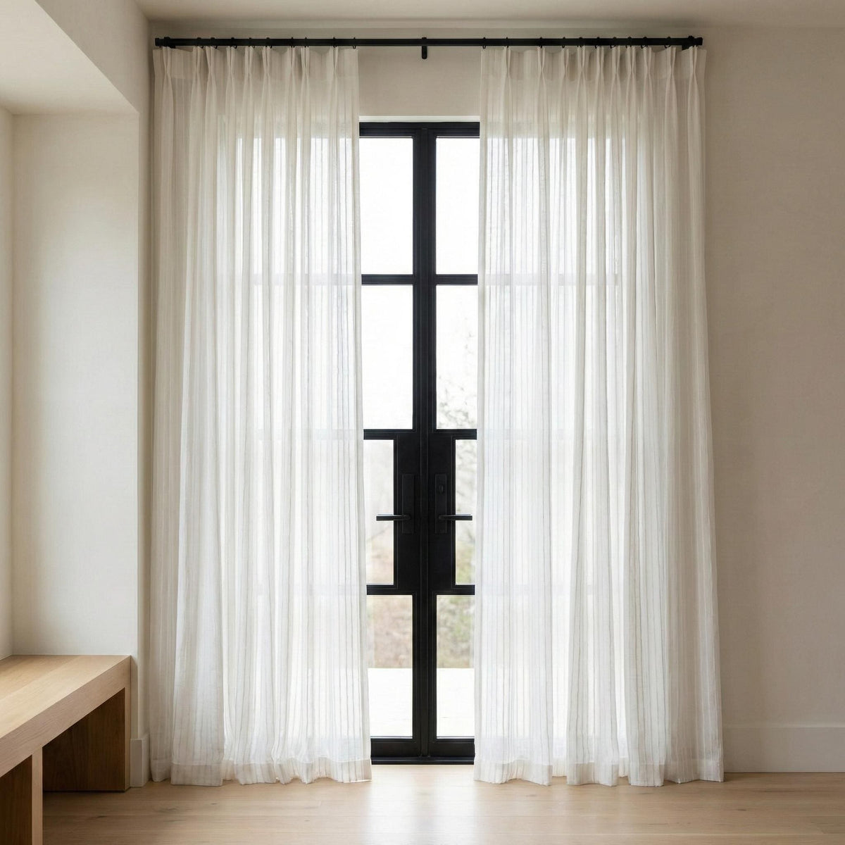 Embroidered Linen Sheer Curtain, Ivory White, Vertical Stripe, Custom Size — image 9